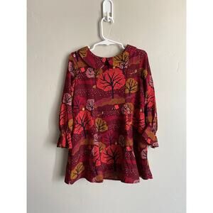 Geunine Kids Long Sleeved Maroon Collared Dress With Trees, Deer, Foxes